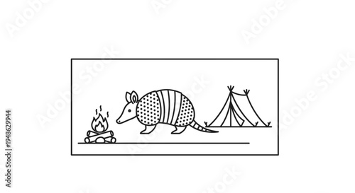 Cute Armadillo Camping with Tent and Campfire - Line Art Illustration