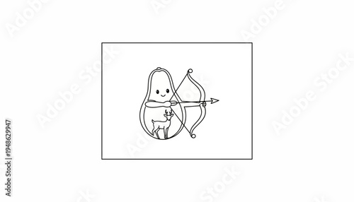 Cute Avocado Archer Character Holding Bow and Arrow, Zodiac Sign Sagittarius