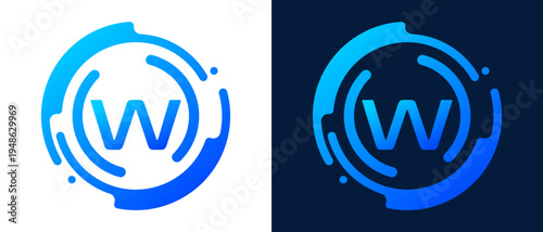 Modern letter “W” logo with circular abstract lines and blue gradient style, representing digital technology, innovation, connectivity, and professional tech branding. 