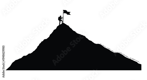 Silhouette of a person planting a flag on a mountain peak against a white background