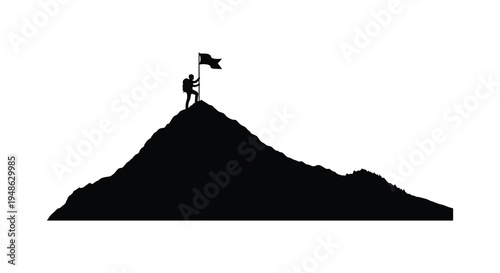 Silhouette of a hiker triumphantly raising a flag atop a mountain peak