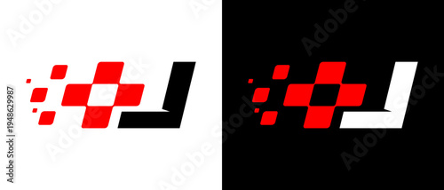 J-letter racing logo using abstract square elements inspired by motorsport flags, conveying fast action and energy