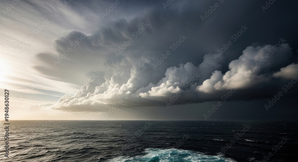Fototapeta premium Massive cumulonimbus storm clouds gathering over the dark ocean surface with sunlight breaking through