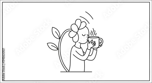 Woman with flower hair enjoying hot drink, steam rising, minimalist line art