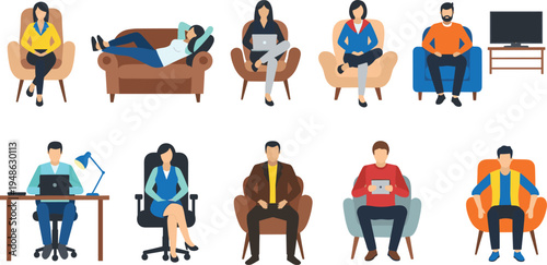 Illustrated individuals in various seated positions engaged in work and leisure activities, showcasing remote work, relaxation, and ergonomic setups in modern environments.