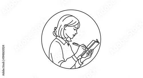 Woman Writing in Notebook, Focused Expression, Minimalist Line Art Illustration