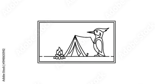Woodpecker Camping with Tent and Campfire, Cute Bird Illustration