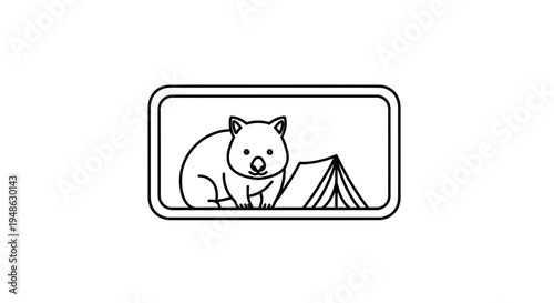 Wombat Camping Adventure Icon: Cute Australian Animal with Tent, Vector Line Art