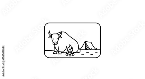 Yak Camping Adventure: Line Art Illustration of Yak, Tent, and Campfire