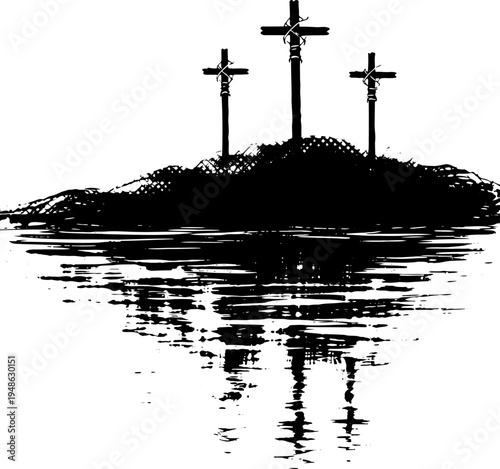 Hand drawn ink style brushstroke easter vector illustration three crucifixes on a hilltop reflected in water against a transparent background