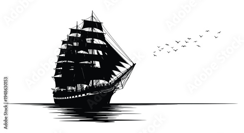 A striking black and white illustration of a tall sailing ship with birds overhead
