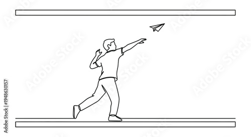 Young boy throwing a paper airplane in a hallway, symbolizing childhood fun and imagination