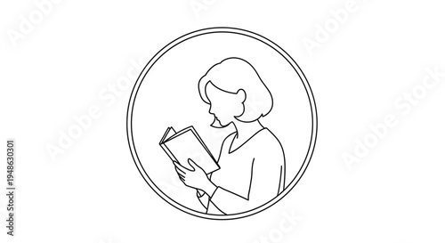 Woman Reading Book in Circle Icon, Silhouette Style, Focus on Knowledge and Education