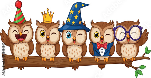 Fun Owl Group with Hats, Glasses, and Bowtie on Branch for Cartoon and Animal-Themed Illustrations