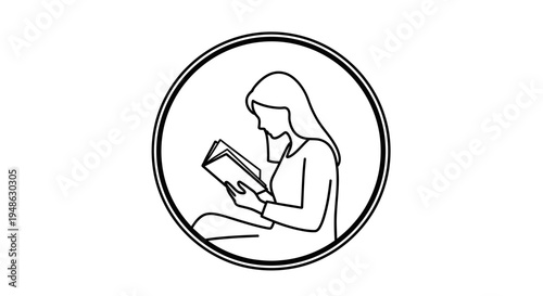Woman Reading Book in Circle Icon, Silhouette Style, Focused Study and Knowledge