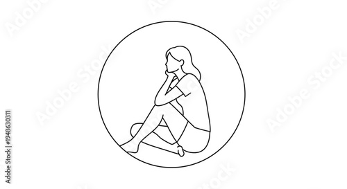 Woman sitting in circle, thoughtful pose, minimalist line art, contemplation, introspection