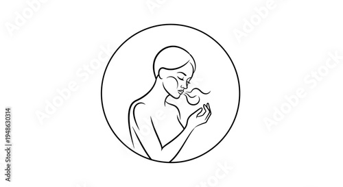 Woman smelling aroma, gentle breeze, sensory experience, clean line art icon