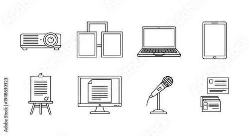 Line art illustration of various presentation and recording technology devices
