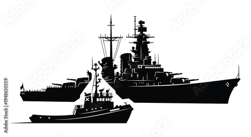 Silhouette of a battleship and tugboat depicted in a stark black and white style