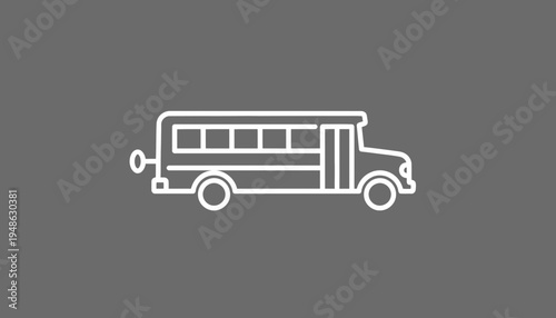 White school bus icon on gray background, simple line art illustration