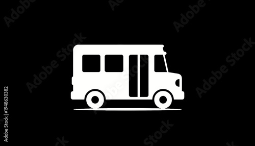 White School Bus Icon on Black Background, Simple Vector Illustration