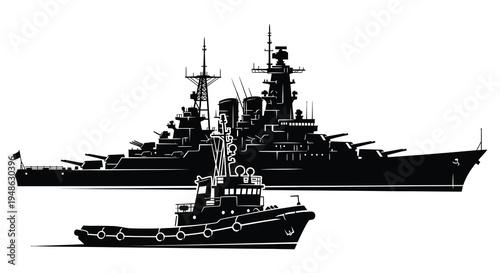 Black and white illustration of a battleship escorted by a tugboat on water