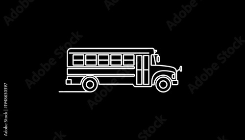 White school bus icon on black background, simple line art, transportation concept