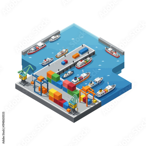 Isometric illustration of a busy port with ships, containers, and cranes, depicting global trade.