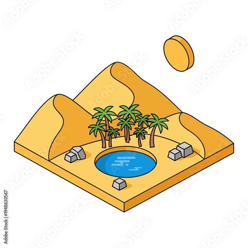 Isometric illustration of a desert oasis with palm trees, water, and sand dunes.