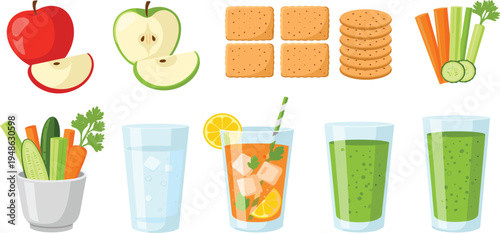 Healthy Snacks and Refreshing Smoothies with Apples, Vegetables, and Crisp Biscuits