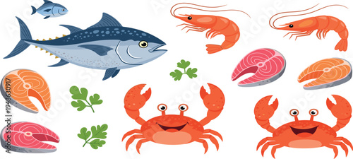 Seafood Delight – Shrimp, Crab, Tuna Fish, and Salmon – Vector Set of Fresh Seafood