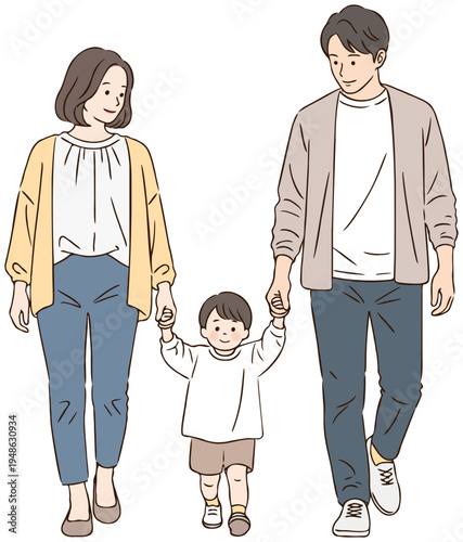 手をつないで歩く親子のシンプルイラスト
