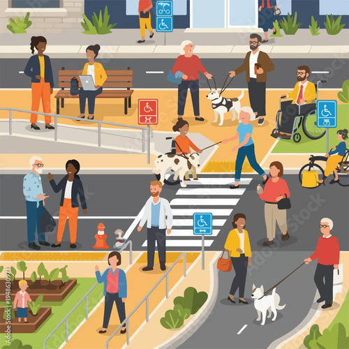 A vibrant street scene depicts people interacting, including those with disabilities