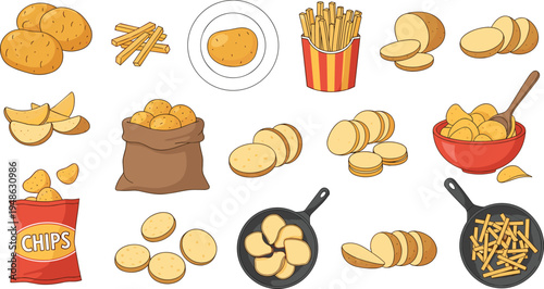 Illustrated potato food collection featuring chips, fries, cooked and raw potatoes, ideal for culinary design, snack branding, menu visuals, and food-themed artwork.