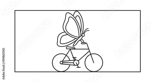 Whimsical Butterfly Riding a Bicycle in Line Art Style