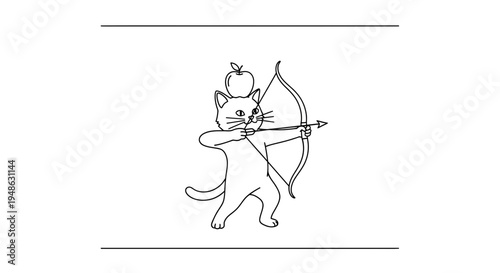 Whimsical Cat Archer Aims Arrow at Apple on Head, Cartoon Style