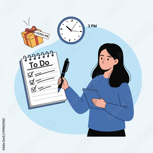 A woman creates a to-do list, next to clock and gift with a deadline
