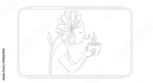 Whimsical character with flower head enjoying a hot beverage