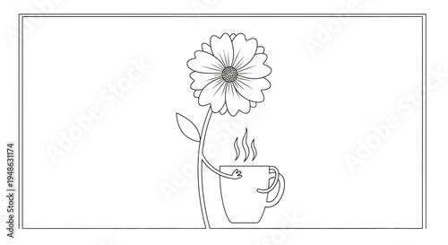 Whimsical Flower Character Enjoying a Steaming Cup of Coffee