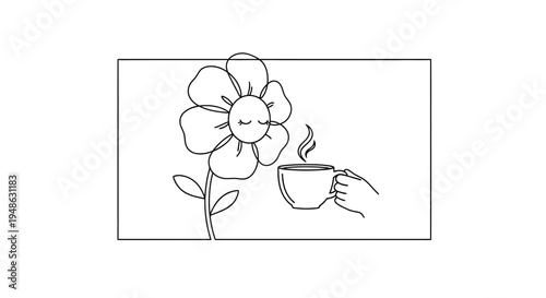 Whimsical Flower Enjoying a Steaming Cup of Coffee, Relaxing Morning Mood