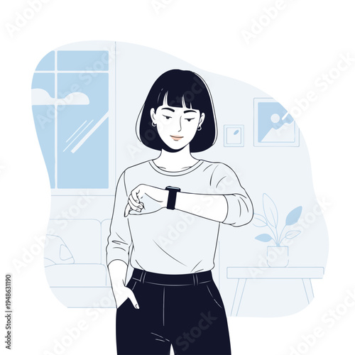 A woman in a room checks time on her wrist with a smartwatch