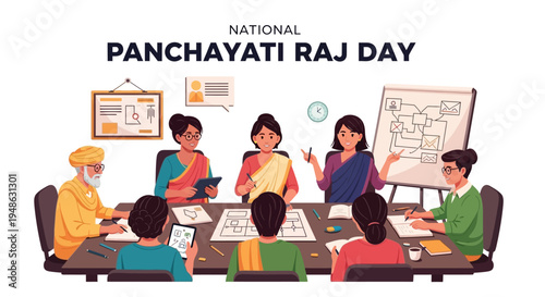 Illustration of people in a meeting for National Panchayati Raj Day with a whiteboard and papers on a table in a governance setting.