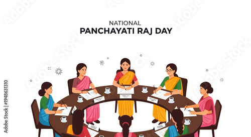 Illustration of people sitting around a table for National Panchayati Raj Day, symbolizing rural governance and democracy in India with a design celebrating decentralization and leadership.