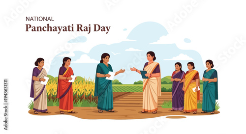 Illustration of people in traditional Indian attire celebrating National Panchayati Raj Day in a rural setting with a field and blue sky background.