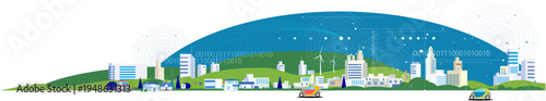 Panoramic background illustration of a smart city and DX network. Hand-drawn style with copy space.
