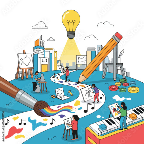 Artistic scene, featuring art supplies, music notes, and a city background