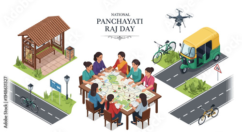 Illustration of people gathered around a table on National Panchayati Raj Day, with rural Indian scenery and transportation in the background, symbolizing governance and community