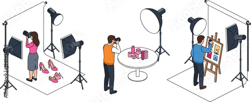 Illustrated photography setups featuring product and art shoots with lighting, backdrops, and camera positioning for studio-based visual content creation and documentation.