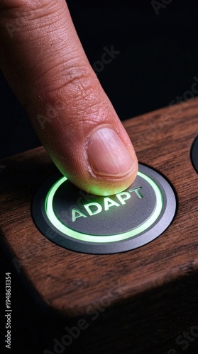Finger pressing a round button labeled 