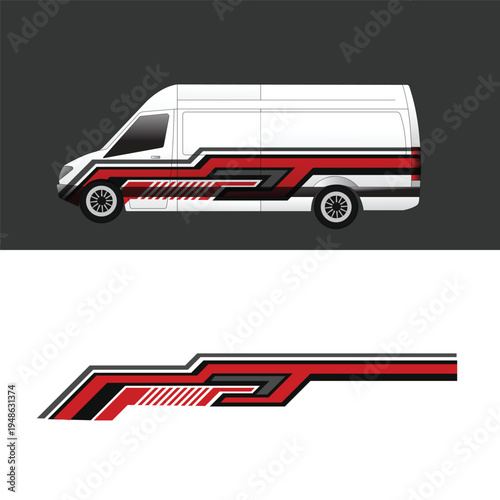 Modern van livery design with red, black, and white flowing curves. Perfect for vehicle wrap templates, commercial branding, and automotive graphics.
